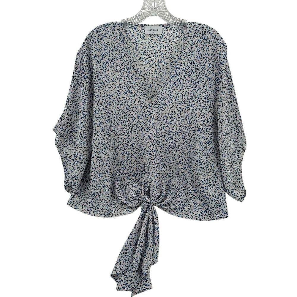 Adrienne Womens Confetti Print V-Neck Tie Front Kimono Sleeve Blouse Blue Pink M